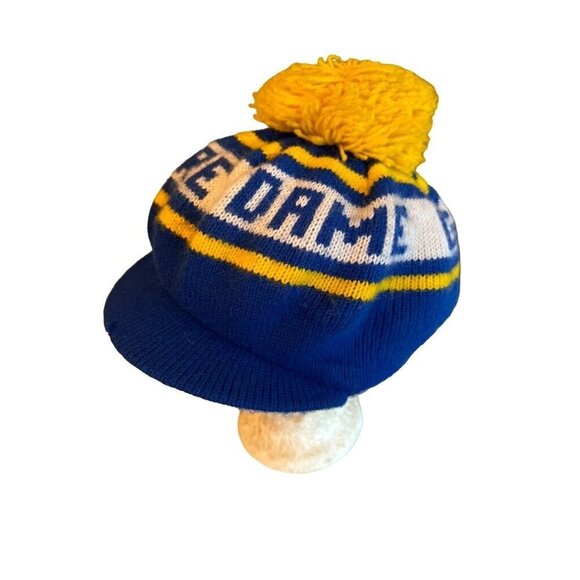 Vintage Notre Dame Knit Beanie Cap W/ Brim & Pom Pom - Picture 2 of 5